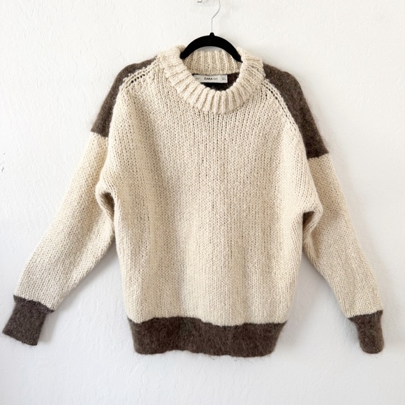 Zara mohair color block Cream and brown Knit Pullover sweater Medium - Picture 1 of 13
